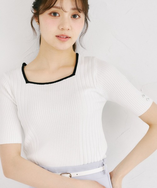 tocco closet(トッコ クローゼット)の「【ZOZO限定】接触冷感スクエアネック配色リブニットトップス(Tシャツ/カットソー・レディース・ネイビー/オフホワイト/ピンク・M)」の17枚目の写真