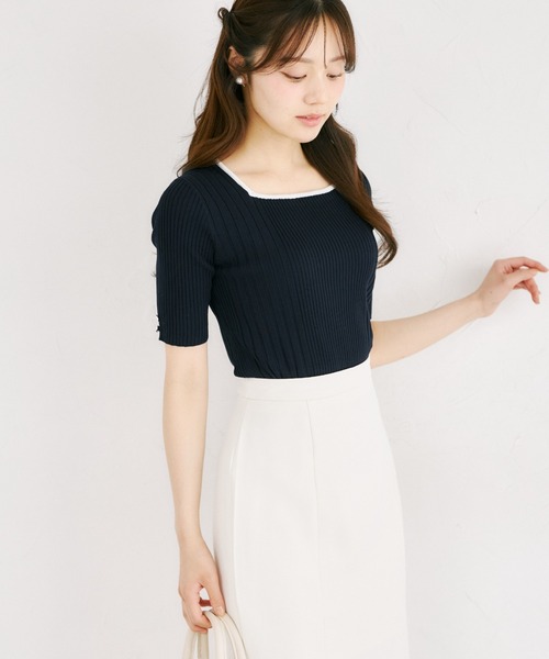 tocco closet(トッコ クローゼット)の「【ZOZO限定】接触冷感スクエアネック配色リブニットトップス(Tシャツ/カットソー・レディース・ネイビー/オフホワイト/ピンク・M)」の20枚目の写真