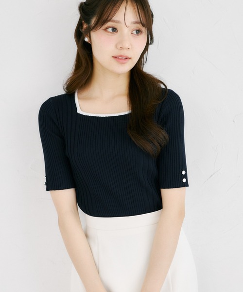 tocco closet(トッコ クローゼット)の「【ZOZO限定】接触冷感スクエアネック配色リブニットトップス(Tシャツ/カットソー・レディース・ネイビー/オフホワイト/ピンク・M)」の21枚目の写真