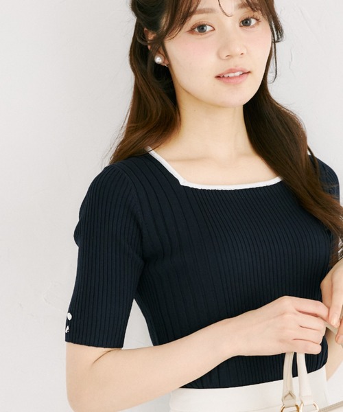 tocco closet(トッコ クローゼット)の「【ZOZO限定】接触冷感スクエアネック配色リブニットトップス(Tシャツ/カットソー・レディース・ネイビー/オフホワイト/ピンク・M)」の22枚目の写真