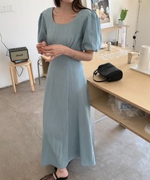 Uネック パフスリーブ リボン付き ワンピース