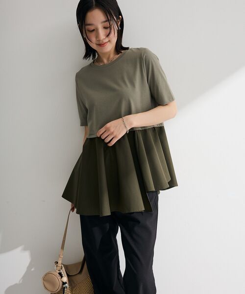 Green Parks(グリーンパークス)の「異素材ドッキングペプラムプルオーバー(Tシャツ/カットソー・レディース・ブラウン/ホワイト/カーキ・FREE)」の14枚目の写真