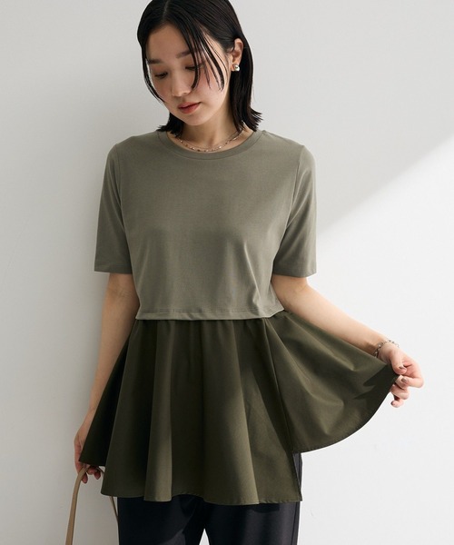 Green Parks(グリーンパークス)の「異素材ドッキングペプラムプルオーバー(Tシャツ/カットソー・レディース・ブラウン/ホワイト/カーキ・FREE)」の3枚目の写真