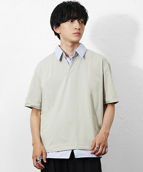 MinoriTY(マイノリティ)の「【MinoriTY】ストライプレイヤード半袖シャツ メンズ 夏服 ユニセックス 半袖(シャツ/ブラウス・メンズ・ベージュ/ホワイト/ブラック・M/L)」の11枚目の写真