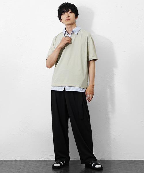 MinoriTY(マイノリティ)の「【MinoriTY】ストライプレイヤード半袖シャツ メンズ 夏服 ユニセックス 半袖(シャツ/ブラウス・メンズ・ベージュ/ホワイト/ブラック・M/L)」の12枚目の写真