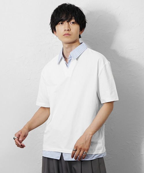 MinoriTY(マイノリティ)の「【MinoriTY】ストライプレイヤード半袖シャツ メンズ 夏服 ユニセックス 半袖(シャツ/ブラウス・メンズ・ベージュ/ホワイト/ブラック・M/L)」の14枚目の写真