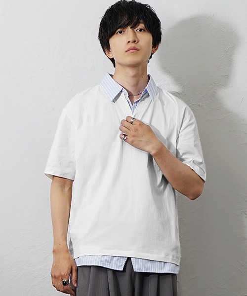 MinoriTY(マイノリティ)の「【MinoriTY】ストライプレイヤード半袖シャツ メンズ 夏服 ユニセックス 半袖(シャツ/ブラウス・メンズ・ベージュ/ホワイト/ブラック・M/L)」の15枚目の写真