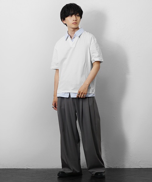 MinoriTY(マイノリティ)の「【MinoriTY】ストライプレイヤード半袖シャツ メンズ 夏服 ユニセックス 半袖(シャツ/ブラウス・メンズ・ベージュ/ホワイト/ブラック・M/L)」の16枚目の写真