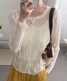 【上品見えする繊細ダメージ加工/2WAYボタン】軽く羽織れる。長袖 透かし編み サマー リブ ニット シアーカーディガン レディース/冷房対策