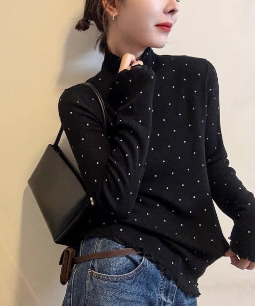 Ritzy(リッツィー)の「ドット柄 シアーハイネック長袖トップス(Tシャツ/カットソー・レディース・オフホワイト/グレー/ブラック・M/L)」の3枚目の写真