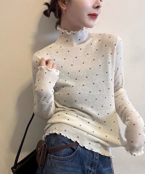 Ritzy(リッツィー)の「ドット柄 シアーハイネック長袖トップス(Tシャツ/カットソー・レディース・オフホワイト/グレー/ブラック・M/L)」の4枚目の写真