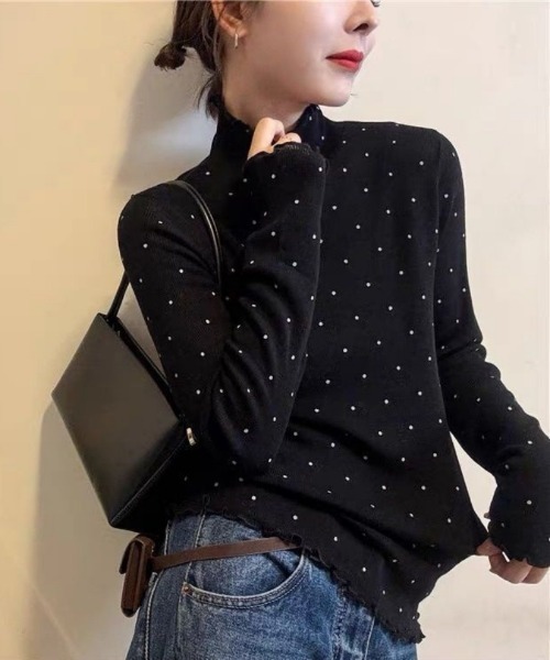 Ritzy(リッツィー)の「ドット柄 シアーハイネック長袖トップス(Tシャツ/カットソー・レディース・オフホワイト/グレー/ブラック・M/L)」の6枚目の写真