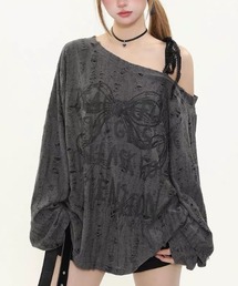 【秋冬新作】2色展開ワンショルダーレースストラップダメージプリントトップス