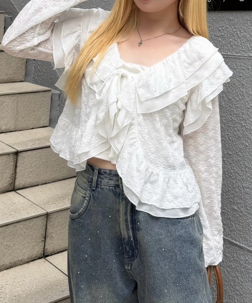 continuer de NICE CLAUP(コンティニューデナイスクラップ)の「ラッフルカーデ(シャツ/ブラウス・レディース・ブラック/オフホワイト・FREE)」の1枚目の写真