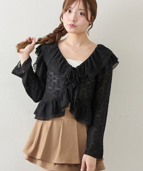 continuer de NICE CLAUP(コンティニューデナイスクラップ)の「ラッフルカーデ(シャツ/ブラウス・レディース・ブラック/オフホワイト・FREE)」の4枚目の写真