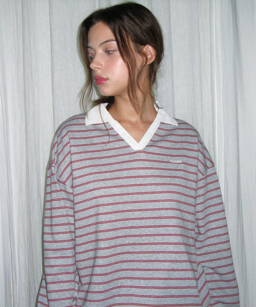 AMESWORLDWIDE（アメスワールドワイド）の「V NECK COLLAR STRIPE SWEATSHIRT GREY（スウェット・レディース・その他・FREE）」の7枚目の写真