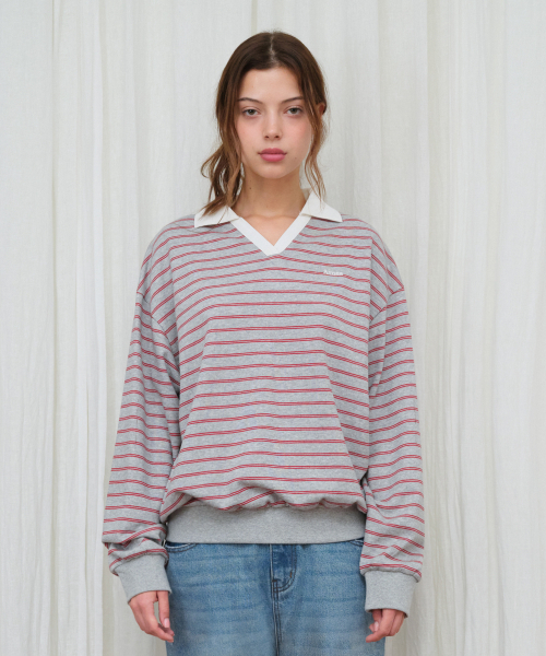 AMESWORLDWIDE（アメスワールドワイド）の「V NECK COLLAR STRIPE SWEATSHIRT GREY（スウェット・レディース・その他・FREE）」の5枚目の写真