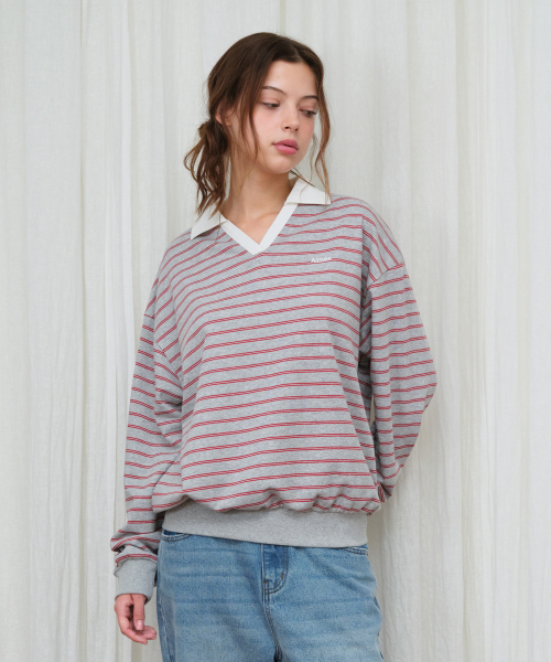 AMESWORLDWIDE（アメスワールドワイド）の「V NECK COLLAR STRIPE SWEATSHIRT GREY（スウェット・レディース・その他・FREE）」の3枚目の写真