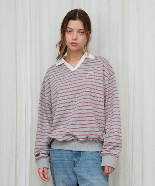 AMESWORLDWIDE（アメスワールドワイド）の「V NECK COLLAR STRIPE SWEATSHIRT GREY（スウェット・レディース・その他・FREE）」の2枚目の写真