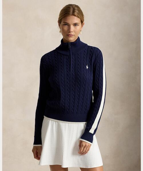POLO GOLF(ポロ ゴルフ)の「ケーブルニット クォータージップ セーター(ニット/セーター・レディース・ネイビー系1・S/M/XS)」の1枚目の写真