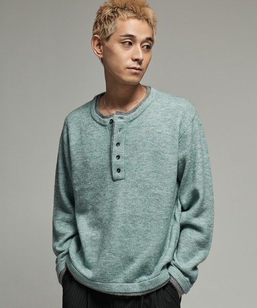 SINSS(シンス)の「Wool blend layered henley knit / ウールブレンドレイヤードヘンリーニット(ニット/セーター・メンズ・グリーン/ネイビー/ベージュ/チャコール・MEDIUM/X-SMALL/LARGE/SMALL)」の3枚目の写真