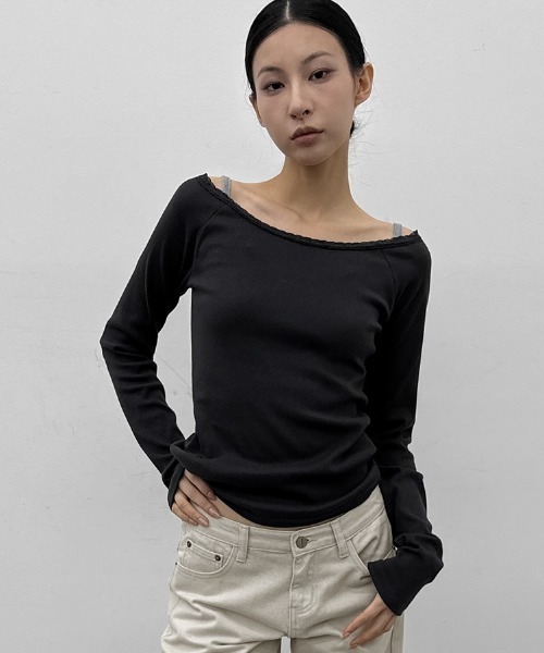 BLACKUP（ブラックアップ）の「[MADE] ムネンレースボートネック長袖Tシャツ（Tシャツ/カットソー・レディース・グレー/ブルーグリーン/チャコール/ホワイト・FREE）」の4枚目の写真