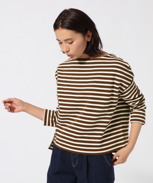 GLOBAL WORK（グローバルワーク）の「Wフェイスボーダープルオーバー長袖2/743479（Tシャツ/カットソー・レディース・ネイビー/ワインレッド/ホワイト/ダークブラウン・LARGE/SMALL/MEDIUM）」の3枚目の写真