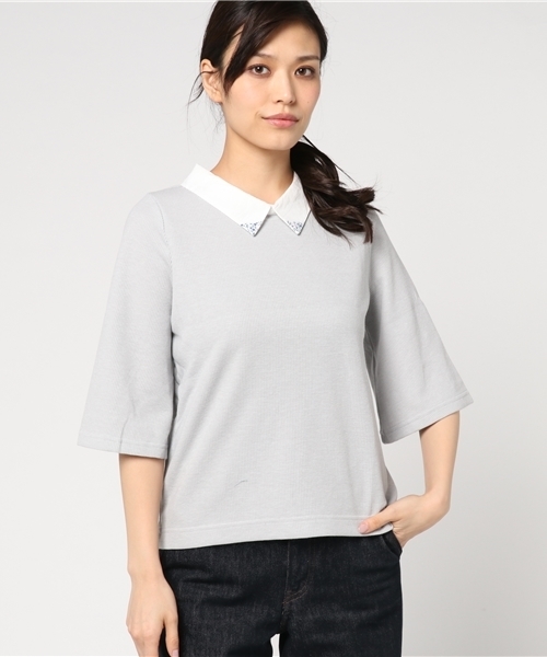 POU DOU DOU(プードゥドゥ)の「衿先花切り替えベル袖プルオーバー(Tシャツ/カットソー・レディース・ブルー/ブラック/オフホワイト/グレー・3)」の4枚目の写真