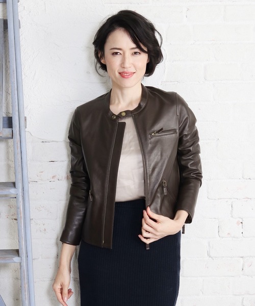 sankyo shokai(サンキョウショウカイ)の「ラム レザー ライダース ジャケット(ライダースジャケット・レディース・ブラック/ダークブラウン/ベージュ/グレイッシュベージュ/ボルドー・11号/7号/9号)」の2枚目の写真