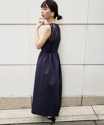 kaene レース合わせ ロングワンピース　ドレス　ネイビー　くるみボタン　S Kaene - kaene レース合わせ ロングワンピース ドレス ネイビー