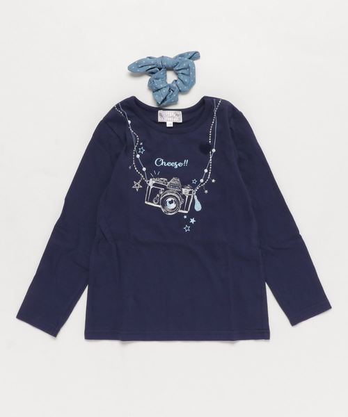 motherways(マザウェイズ)の「ガールズ 長袖Tシャツ&シュシュセット 全9柄(Tシャツ/カットソー)」|ネイビー
