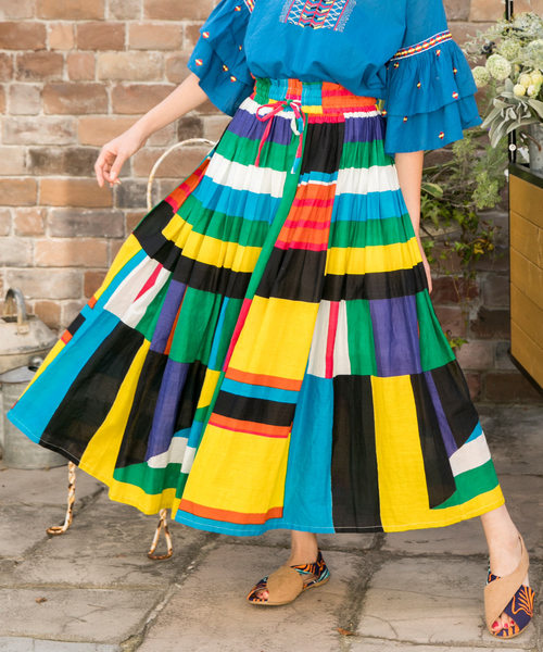 チャイハネ（チャイハネ）の「【チャイハネ】レトロカラーブロックロングスカート（スカート・レディース・グレー/レッド/イエロー・FREE）」の3枚目の写真