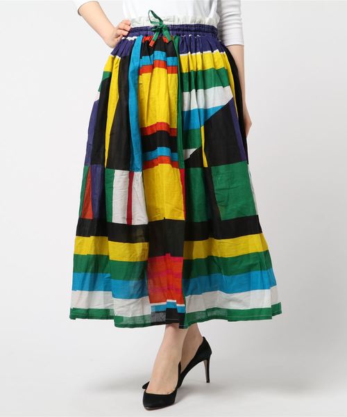 チャイハネ（チャイハネ）の「【チャイハネ】レトロカラーブロックロングスカート（スカート・レディース・グレー/レッド/イエロー・FREE）」の6枚目の写真