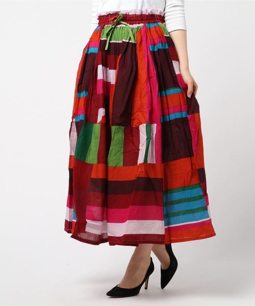 チャイハネ（チャイハネ）の「【チャイハネ】レトロカラーブロックロングスカート（スカート・レディース・グレー/レッド/イエロー・FREE）」の8枚目の写真