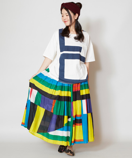 チャイハネ（チャイハネ）の「【チャイハネ】レトロカラーブロックロングスカート（スカート・レディース・グレー/レッド/イエロー・FREE）」の13枚目の写真