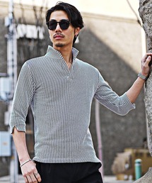 【JOKER】半袖&7分袖イタリアンカラーポロシャツ メンズ シアサッカー素材 セットアップ ホワイト ストライプシャツ 春服