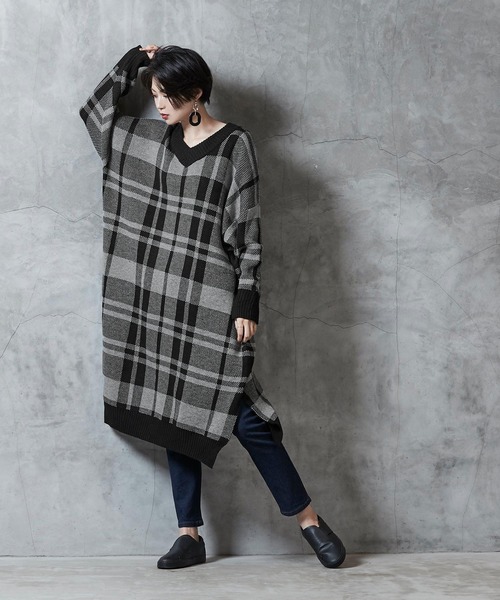 Miette ミエット の ｵｰﾊﾞｰｻｲｽﾞﾁｪｯｸﾆｯﾄﾜﾝﾋﾟｰｽ ワンピース Wear