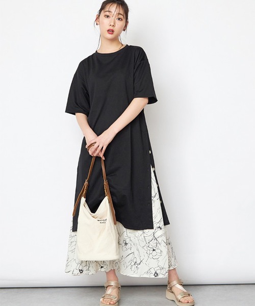 STYLEBLOCK（スタイルブロック）の「サイドボタンスリット5分袖スウェットワンピース（ワンピース・レディース・ブラック/サンドベージュ/グリーン/パープル/ベージュ・M）」の2枚目の写真