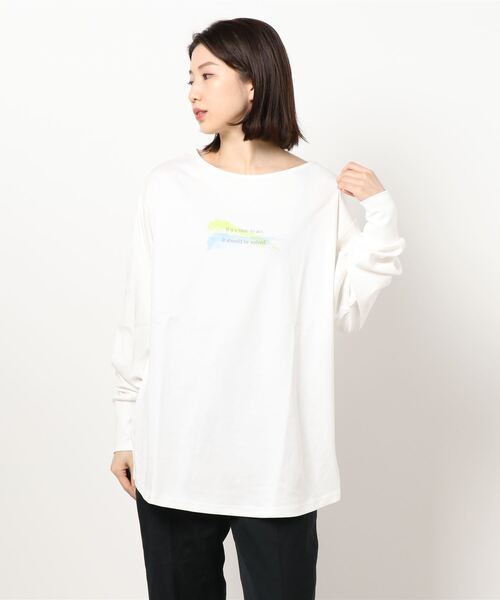 HONEYSUCKLE ROSE(ハニーサックルローズ)の「【HONEYSUCKLE ROSE】スリットプリントロンT(Tシャツ/カットソー・レディース・ブルー/ライム/オフホワイト/ホワイト/ベージュ/ピンク・M/L)」の2枚目の写真