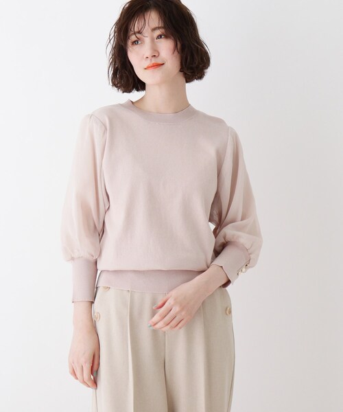 DRESKIP（ドレスキップ）の「◆シアーボリュームスリーブニット（ニット/セーター・レディース・ライトベージュ/ベビーピンク/レモンイエロー/ブラック・04/02/03）」の4枚目の写真