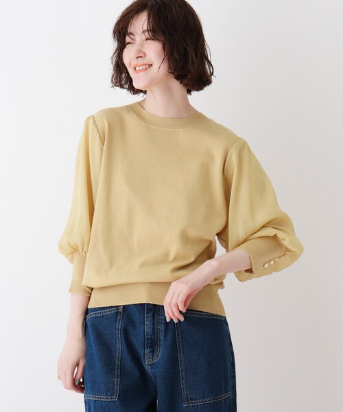 DRESKIP（ドレスキップ）の「◆シアーボリュームスリーブニット（ニット/セーター・レディース・ライトベージュ/ベビーピンク/レモンイエロー/ブラック・04/02/03）」の3枚目の写真