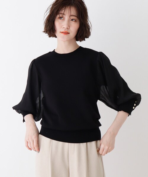 DRESKIP（ドレスキップ）の「◆シアーボリュームスリーブニット（ニット/セーター・レディース・ライトベージュ/ベビーピンク/レモンイエロー/ブラック・04/02/03）」の2枚目の写真