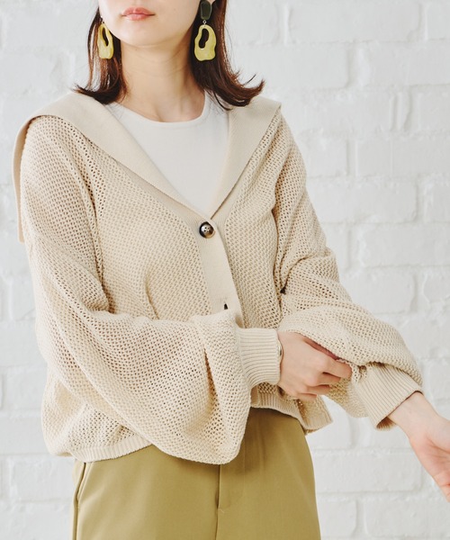 acro(アクロ)の「セーラーカラーメッシュニットカーディガン/AC1124(カーディガン/ボレロ・レディース・ベージュ/ブラウン/グリーン・フリ-)」の5枚目の写真