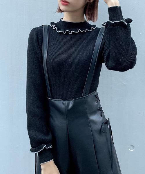 TITTY&CO.（ティティーアンドコー）の「バイカラーフリルニット（ニット/セーター・レディース・ブラック/パープル/ピンク/アイボリー・FREE）」の9枚目の写真