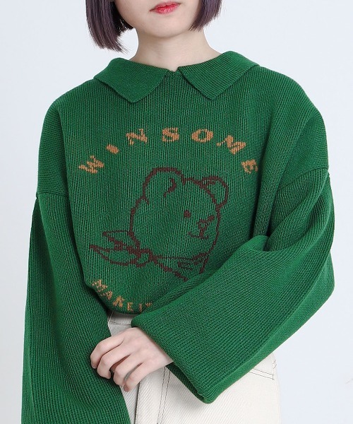 PairPair(ペアペア)の「クマジャガードポロニットプルオーバー(ユニセックス)(ニット/セーター・レディース・ブラック/グリーン・FREE)」の2枚目の写真