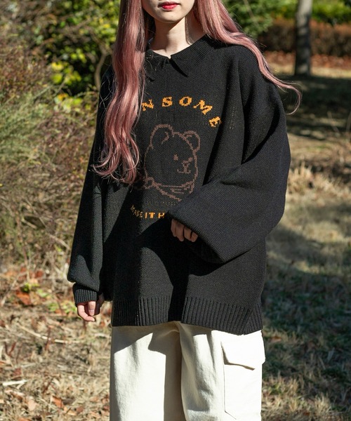 PairPair(ペアペア)の「クマジャガードポロニットプルオーバー(ユニセックス)(ニット/セーター・レディース・ブラック/グリーン・FREE)」の5枚目の写真