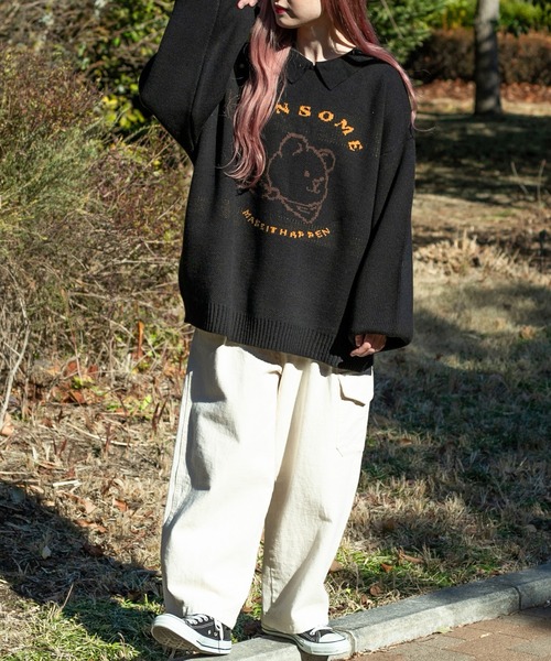 PairPair(ペアペア)の「クマジャガードポロニットプルオーバー(ユニセックス)(ニット/セーター・レディース・ブラック/グリーン・FREE)」の12枚目の写真