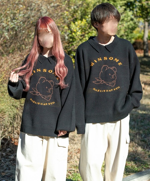 PairPair(ペアペア)の「クマジャガードポロニットプルオーバー(ユニセックス)(ニット/セーター・レディース・ブラック/グリーン・FREE)」の6枚目の写真