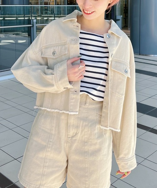 mysty woman（ミスティウーマン）の「USED加工デニムショートＧジャン 268862（デニムジャケット・レディース・ベージュ/ピンク/モカ・FREE）」の3枚目の写真