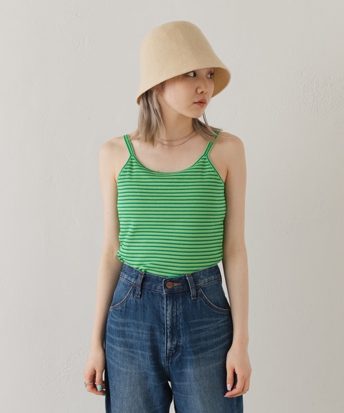 Kastane（カスタネ）の「【新色追加】カップ付2ストラップボーダーキャミ（Tシャツ/カットソー・レディース・イエロー/グリーン/ピンク/オフホワイト・FREE）」の14枚目の写真